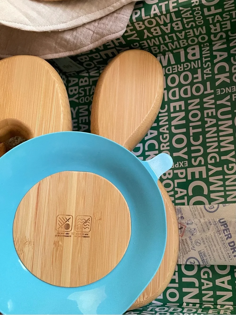 Bamboo Bunny Plate Set with Mustard Yellow Spoon and Neutral Bibs bundle